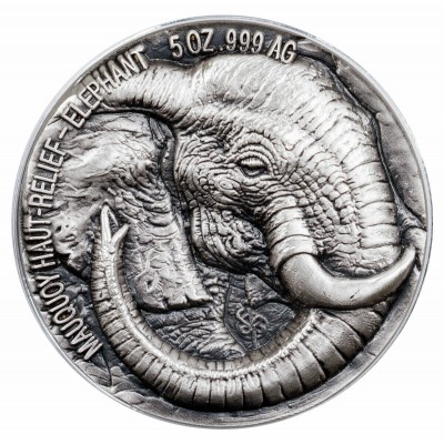 Ivory Coast ELEPHANT series BIG FIVE MAUQUOY HAUT RELIEF 5000 Francs Silver coin Ultra High Relief 2017 Antique finish 5 oz